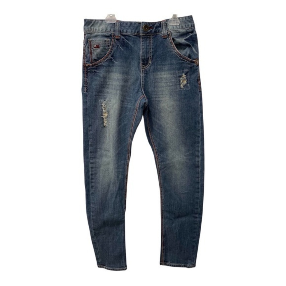 Vintage USALL Junior Denim Distressed Jeans with American Flag Patch, Size 160